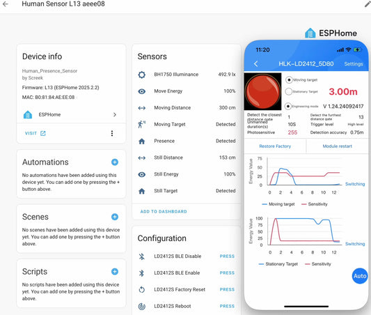 Human Sensor L13 For Home Assistant By SCREEK (HLK-LD2412S 24Ghz mmWave, ESP32-C3, ESPHom)